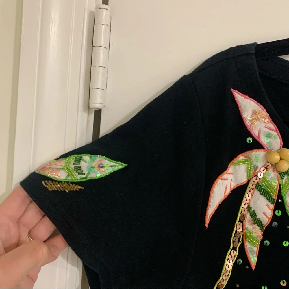 Berek designed by Takako Sakon Vintage Flamingo Beaded Sequins Tropical Top XL - Picture 4 of 11